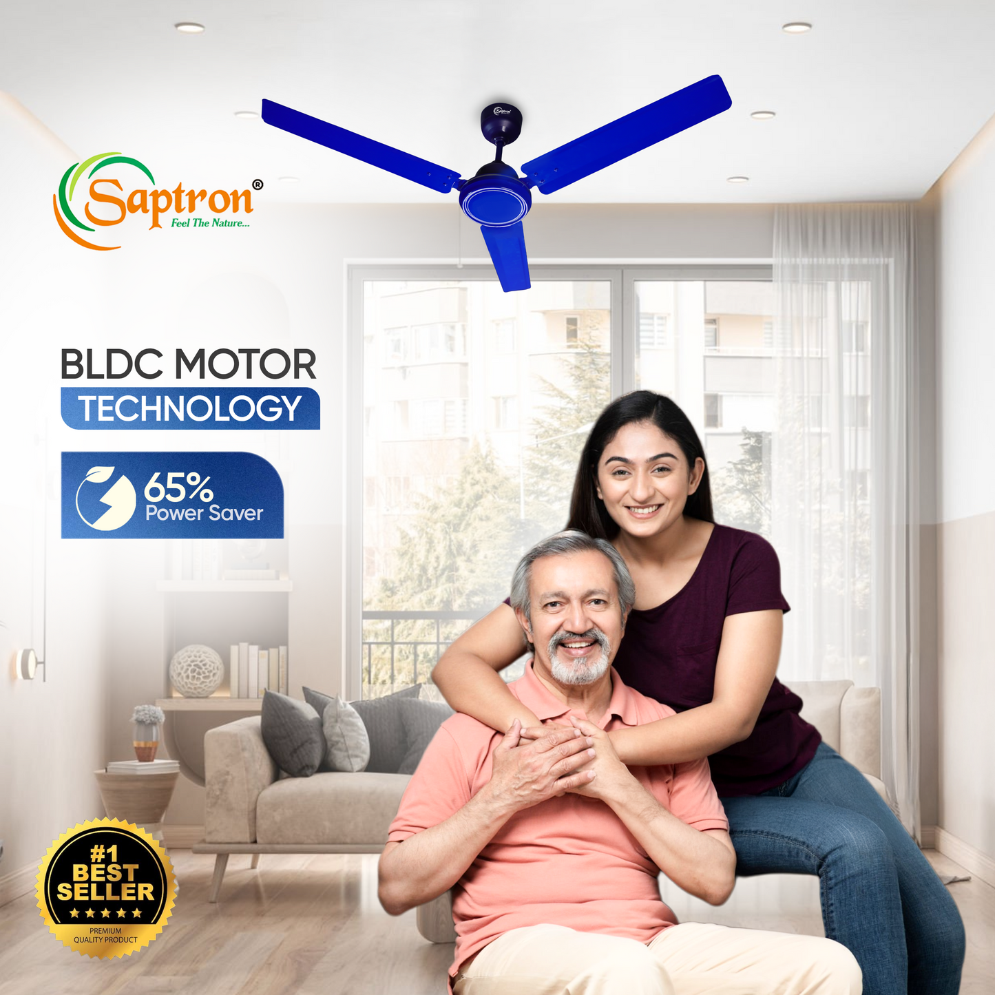 SAPTRON TURBO 1200 mm BLDC Ceiling Fan with Remote Control (5 Star |3 Blades | Blue) with 2 Years Warranty