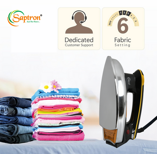 Saptron Heavy Weight Non-Stick Teflon Coated Dry Iron for Clothes | 6 Fabric Settings |  750 Watt | Black
