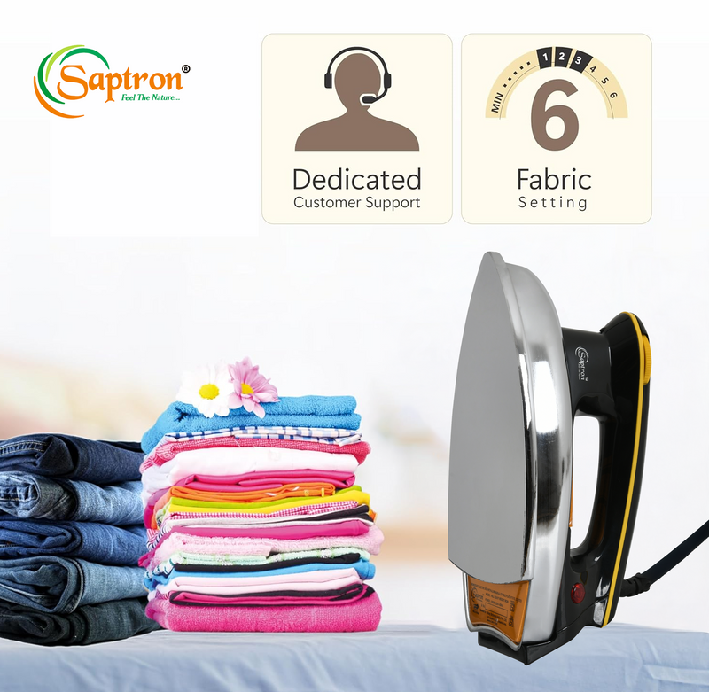 Saptron Heavy Weight Non-Stick Teflon Coated Dry Iron for Clothes | 6 Fabric Settings |  750 Watt | Black
