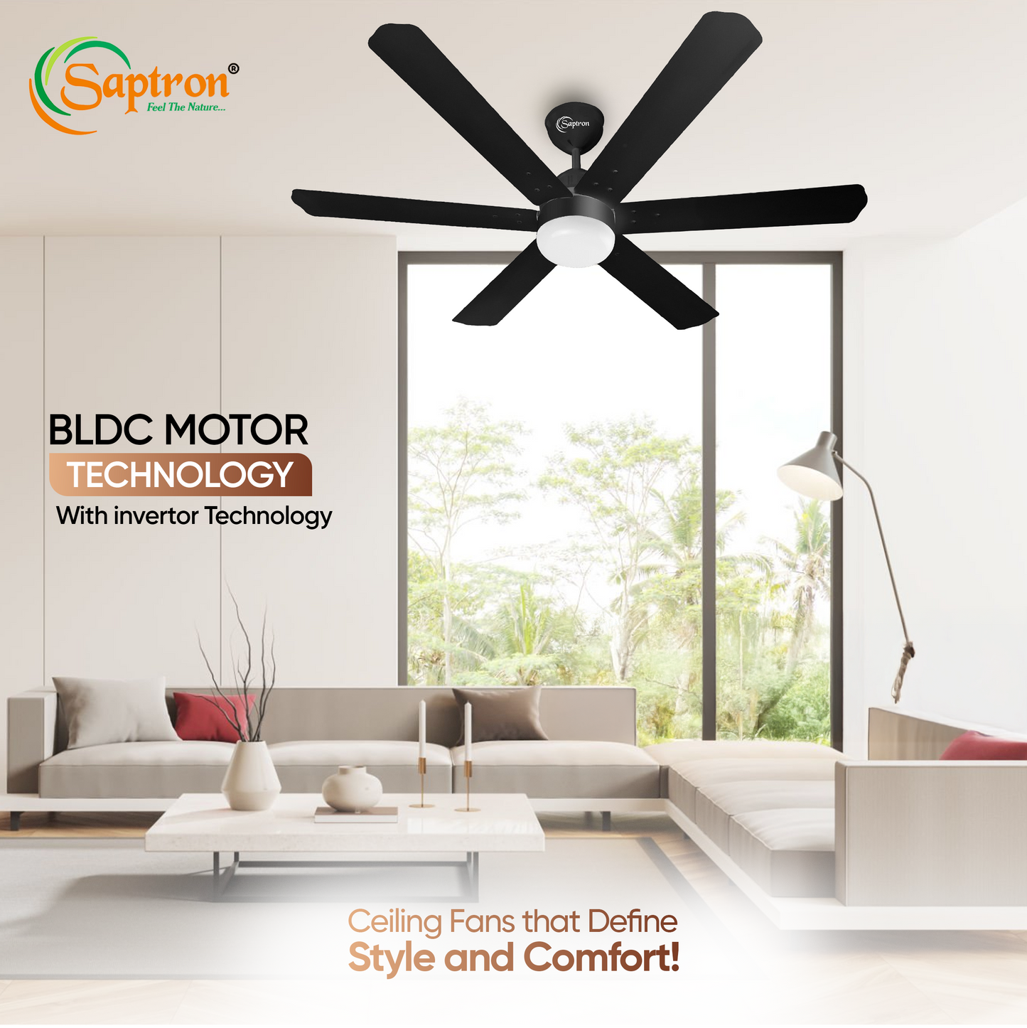 SAPTRON  HUNTER-X BLDC Ceiling Fan 1200 mm 6‑Blade (5 Star | BLACK | Pack of 1) with 2 Years Warranty