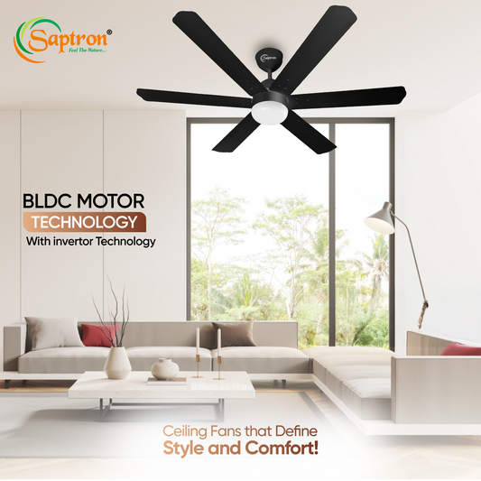 SAPTRON  HUNTER-X BLDC Ceiling Fan 1200 mm 6‑Blade (5 Star | BLACK | Pack of 1) with 2 Years Warranty