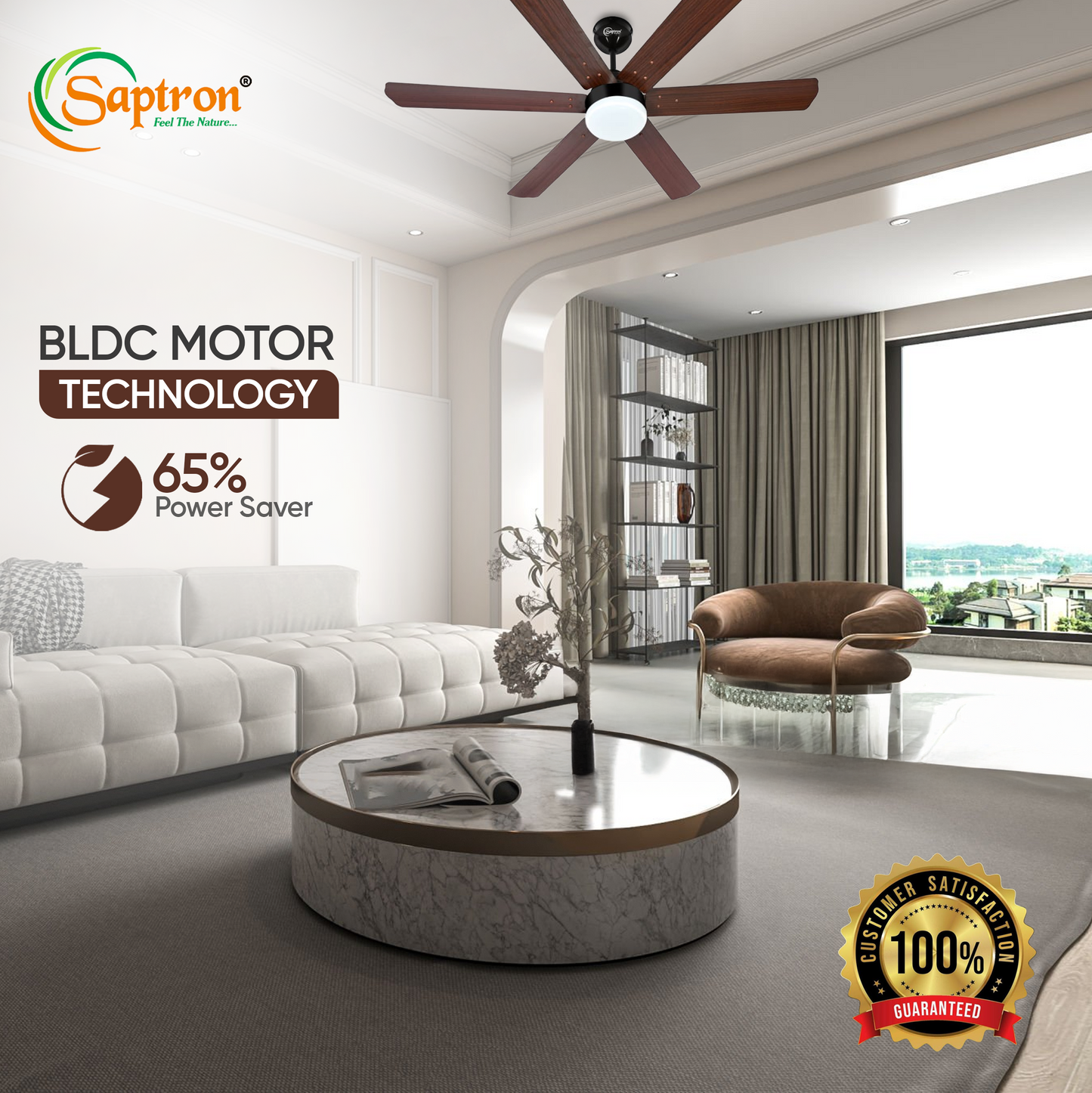 SAPTRON  HUNTER-X BLDC Ceiling Fan 1200 mm 6‑Blade (5 Star | Brown Film | Pack of 1) with 2 Years Warranty