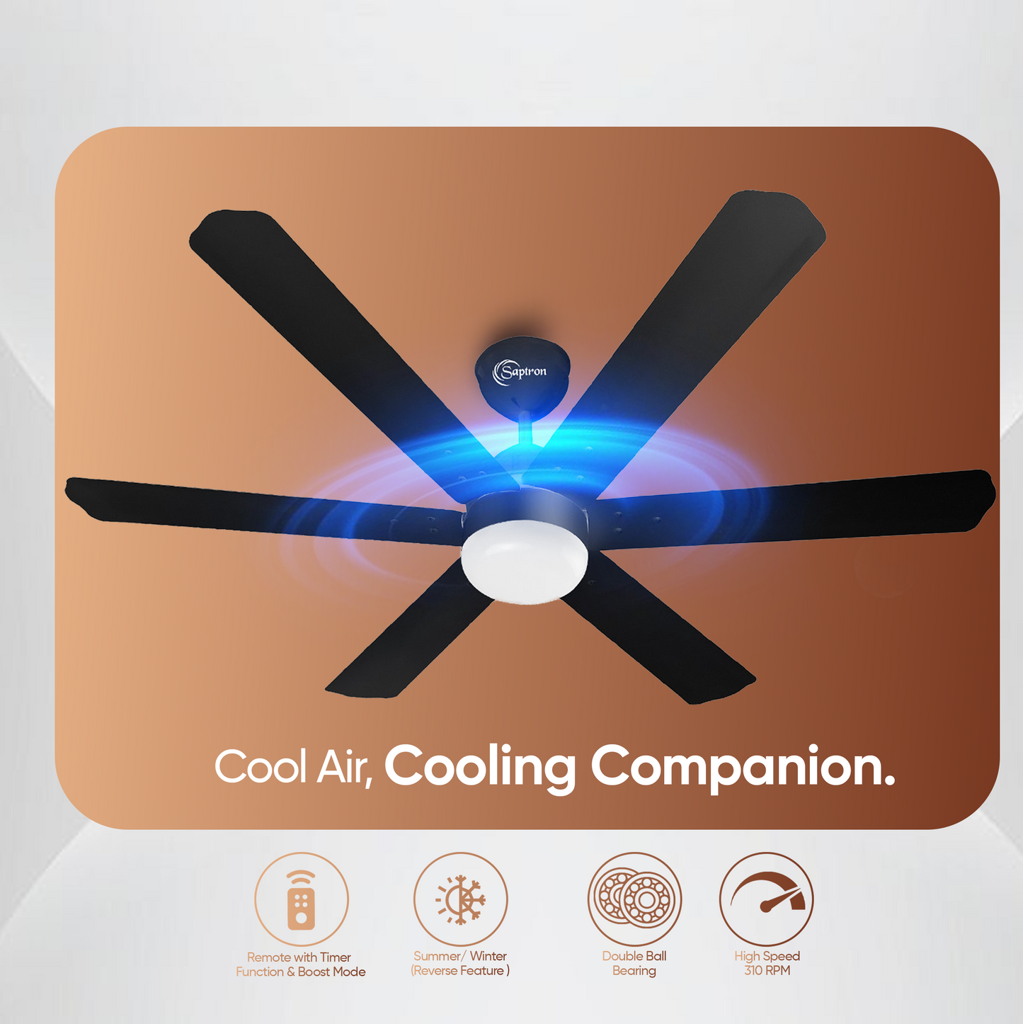 SAPTRON  HUNTER-X BLDC Ceiling Fan 1200 mm 6‑Blade (5 Star | BLACK | Pack of 1) with 2 Years Warranty