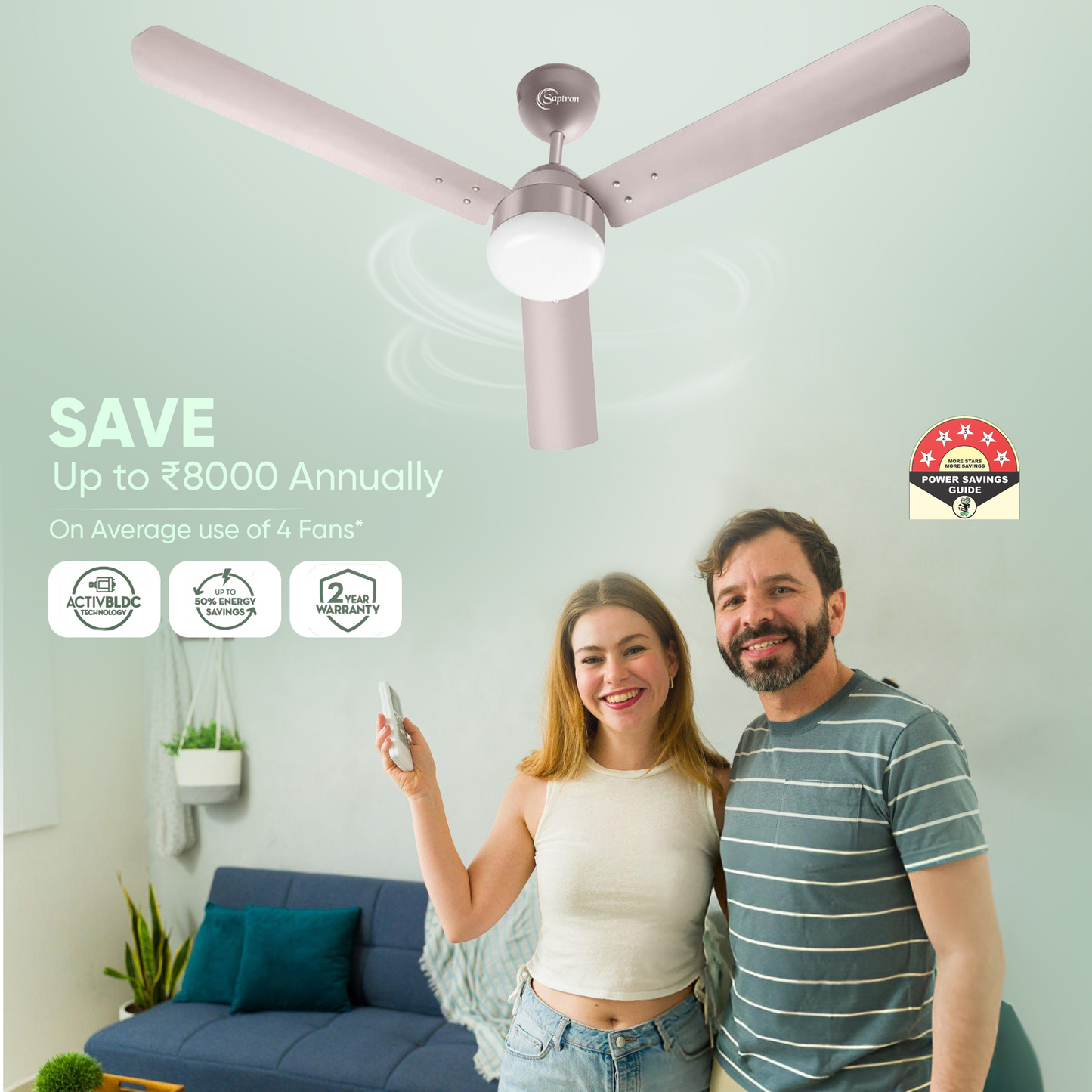 SAPTRON  HUNTER 1200 mm BLDC Ceiling Fan with Remote Control (5 Star | Royal Grey| Pack of 1) with 2 Years Warranty