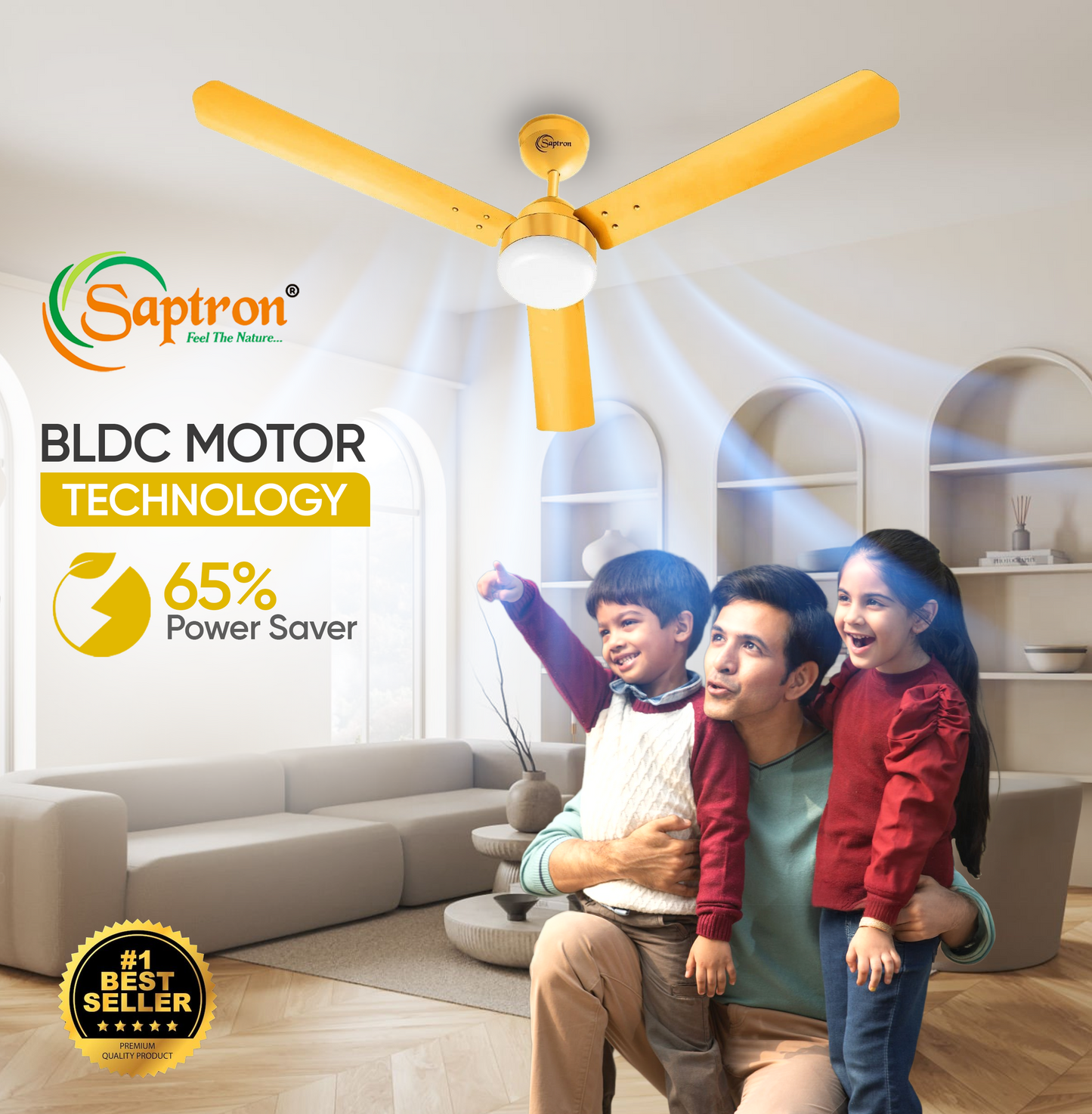 SAPTRON  HUNTER 1200 mm BLDC Ceiling Fan with Remote Control (5 Star | Golden| Pack of 1) with 2 Years Warranty