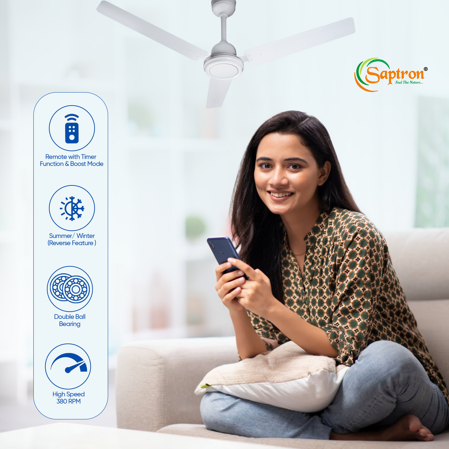 SAPTRON  Ozone 1200 mm BLDC Ceiling Fan with Remote Control (5 Star |3 Blades | White) with 2 Years Warranty