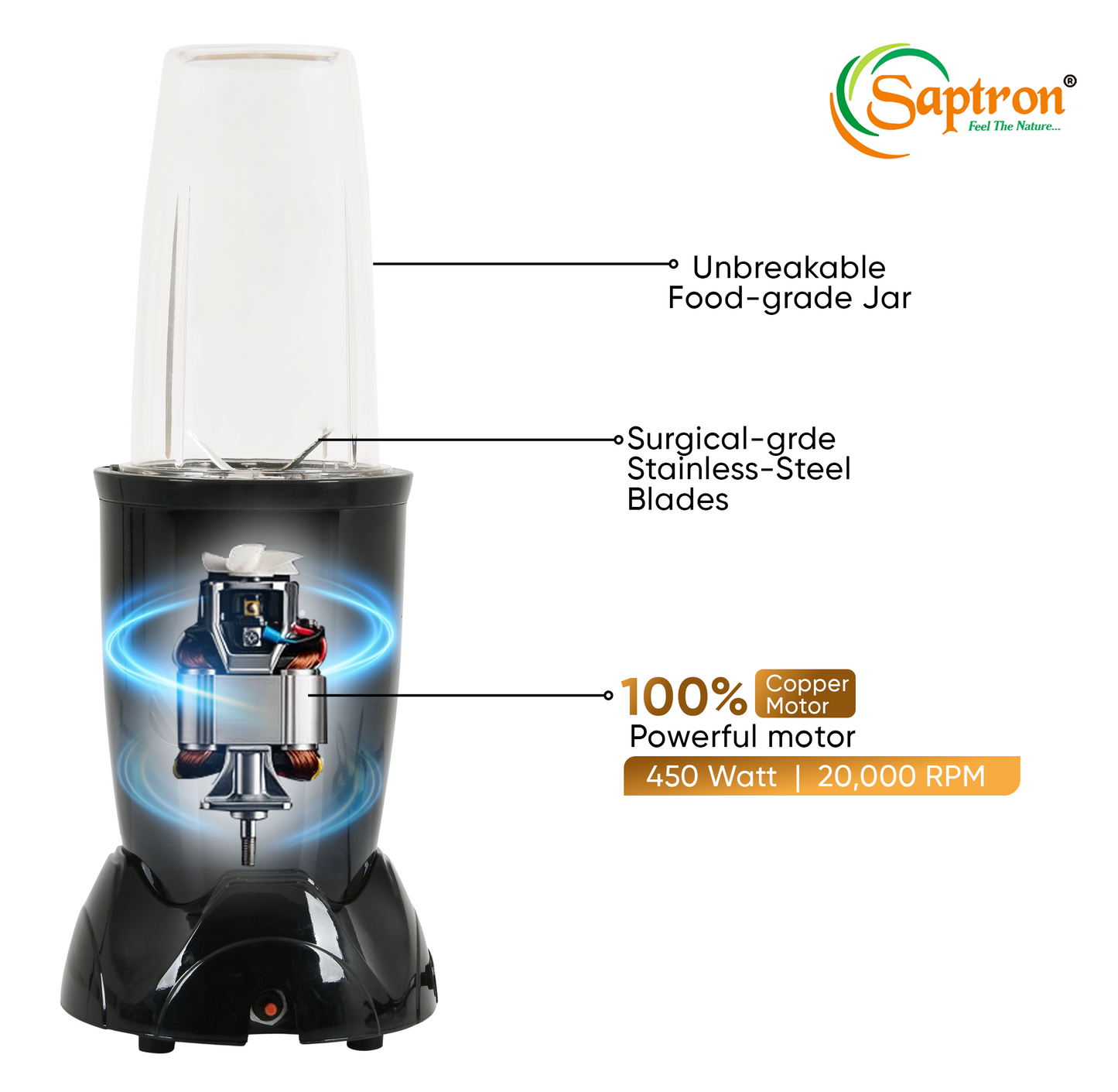 SAPTRON 450W Mixer Grinder with Copper Motor (Black)