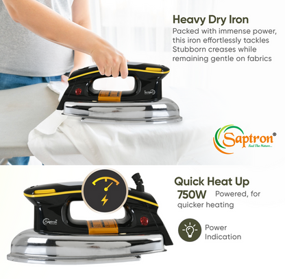 Saptron Heavy Weight Non-Stick Teflon Coated Dry Iron for Clothes | 6 Fabric Settings |  750 Watt | Black