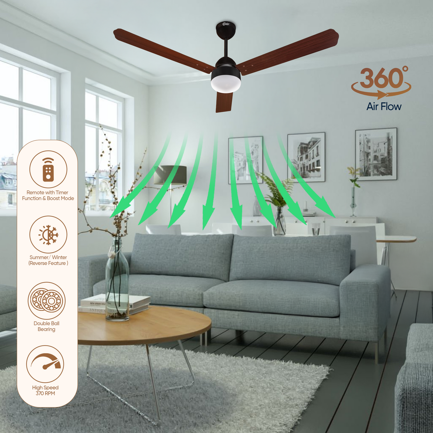 SAPTRON HUNTER 1200 mm BLDC Ceiling Fan with Remote Control (5 Star | Brown Film| Pack of 1)with 2 Years Warranty